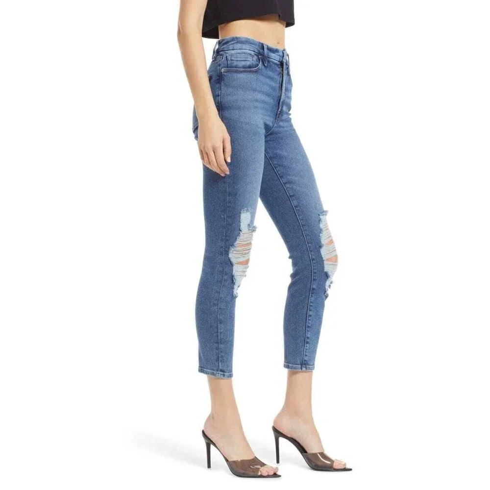 Good American Good Waist Ripped Crop Skinny Jeans in Blue855 - Picture 4 of 15